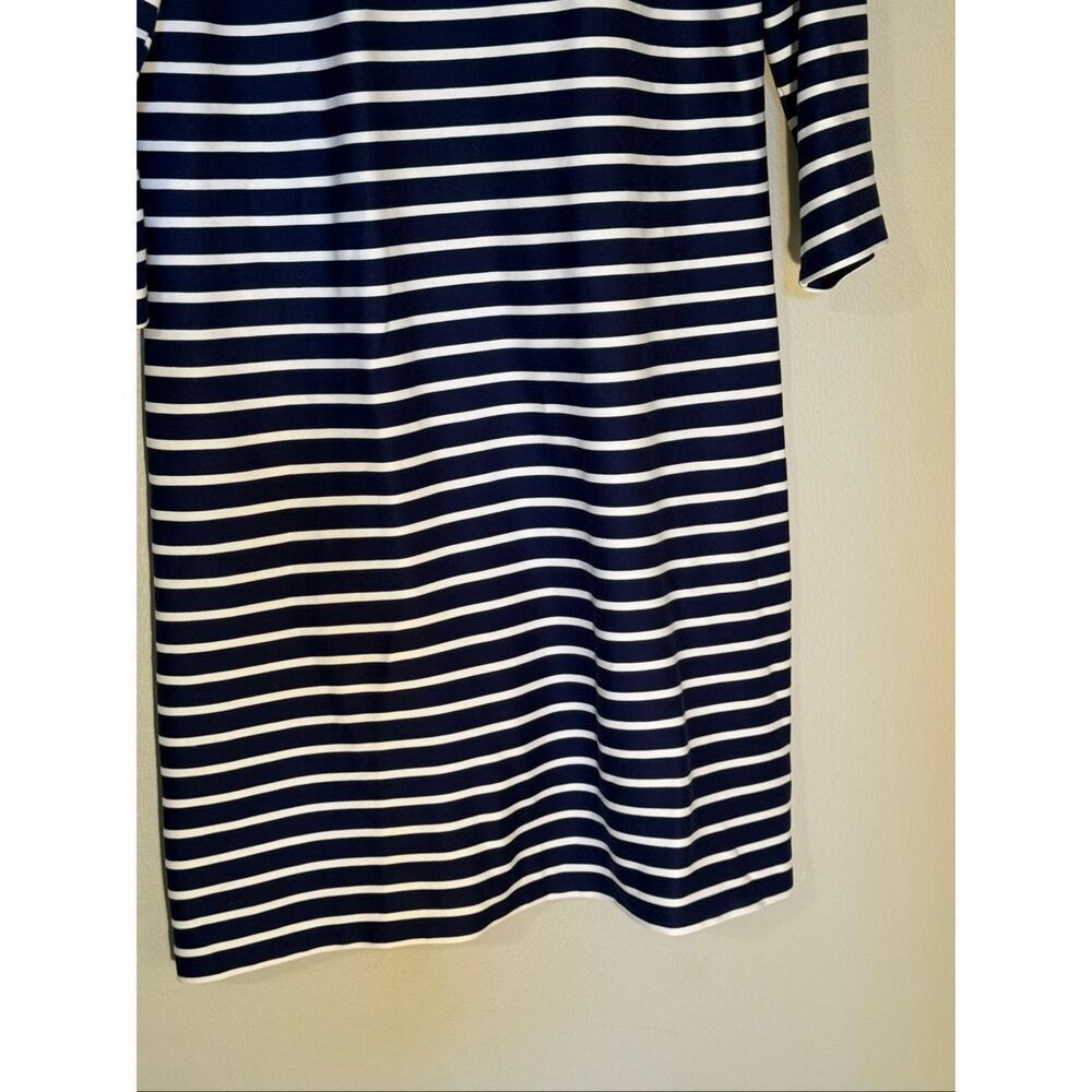 Talbots Size L Petite Blue & White Stripe Shift Dress Red Floral Neck 3/4 Sleeve - Picture 7 of 12